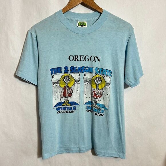 VTG 80s Oregon Graphic T Shirt S/M Blue Rainy Weather Single Stitch Super Shirts - Picture 2 of 11